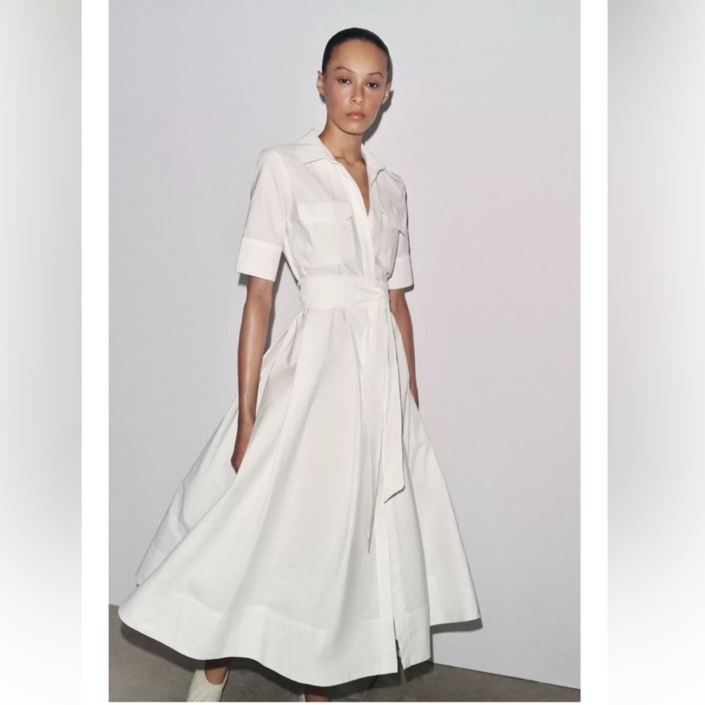 Zara Ivory Midi Shirt Dress with Waist Tie